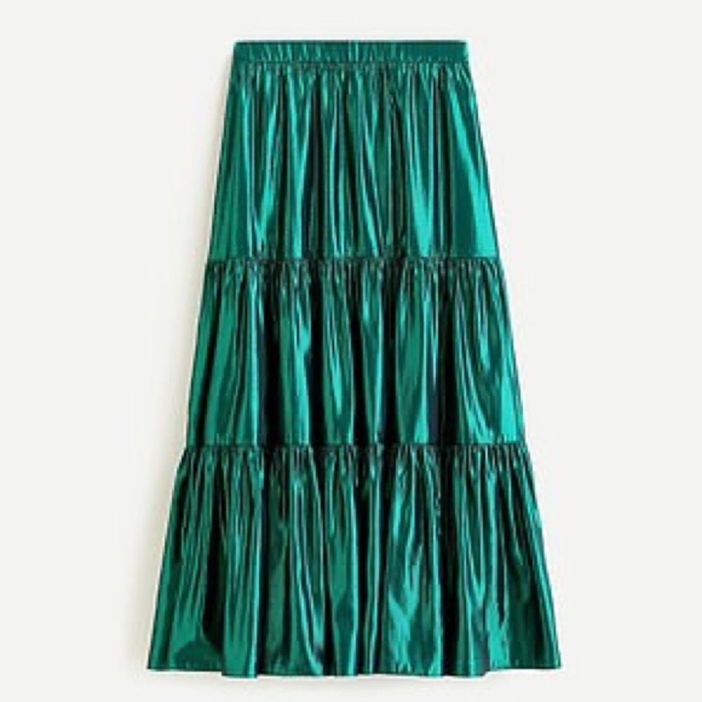 J Crew Tiered Maxi Skirt in green lamé Size Medium